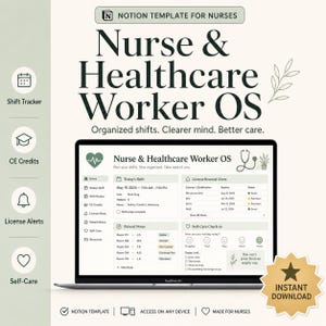 Op de afbeelding: Een laptop toont een Notion-sjabloon voor verpleegkundigen en zorgverleners, getiteld "Nurse & Healthcare Worker OS". Het scherm toont een dashboard met dienstgegevens, licentie-waarschuwingen en zelfzorgopties. De afbeelding bevat pictogrammen.