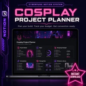 Könnte beinhalten: Ein Laptop-Bildschirm zeigt eine digitale Cosplay Project Planner-Oberfläche mit einem Cyberpunk-Thema. Die Oberfläche ist in Lila- und Rosatönen gehalten und enthält Abschnitte für Projekte, Aufgaben, Einkäufe und Conventions. Die Worte "COSPLAY PROJECT PLANNER" sind deutlich sichtbar.