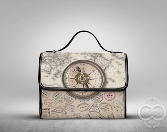 I love traveling, Custom Made All Over Print Satchel Bag, Canvas Crossbody purse bag, vegan leather handbag purse, hippies boho gift