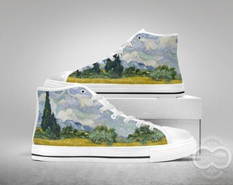Wheat Field with Cypresses painting, Custom Made Black or White Shoes