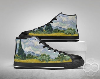 Wheat Field with Cypresses painting, Custom Made Black or White Shoes