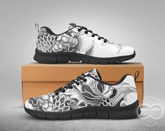 Diseño de tatuaje de pez koi, zapatos deportivos hechos a medida (blanco o negro)