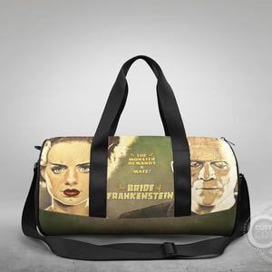 May include: Black duffel bag with a green, white, and yellow print featuring the text "The Monster Demands a Mate? The Bride of Frankenstein". The print also features a black and white image of a woman and a man.