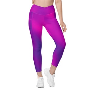 Purple Pink Crossover leggings with pockets, stretchy leggings, womens workout pants, travel pants, comfortable leggings, purple leggings