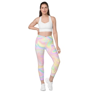 Unicorn Swirl Crossover leggings with pockets, tie dye, pastel tie dye, pastel rainbow, womens joggers, beach wear, womens running pants