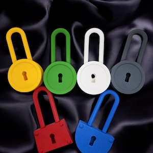 May include: Six colorful padlocks with different keyhole designs. The padlocks are yellow, green, white, gray, red, and blue.