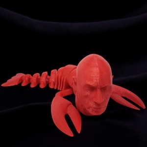 May include: A red sculpture of a lobster with a human face. The lobster has large claws and a segmented tail. The sculpture is made of a solid material and is set against a dark background.