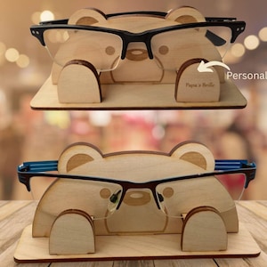 Brillenhalter, Brillenparkplatz Holz, inkl. Namensgravur: Hase, Fuchs, Eule, Hund, Katze, Igel, Panda, Pinguin