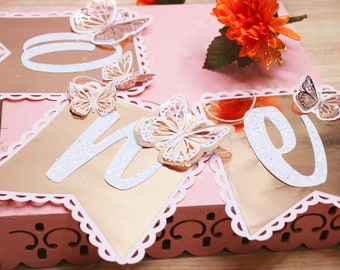 3D Rose Gold Butterfly Birthday Banner, Custom Name