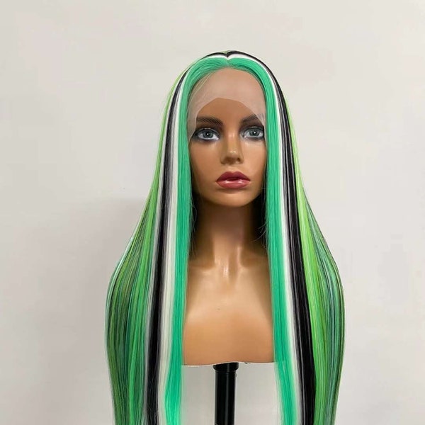 Highlight Green Color Synthetic Lace Front Wig Heat Resistant Long Straight Drag Queen Wig Cosplay Wig