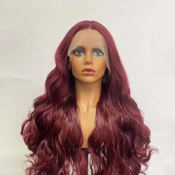 Wine Red Color Synthetic Lace Front Wig Heat Resistant Long Body Wave Drag Queen Wig Cosplay Wig