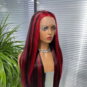 Red and 1b Highlight  Color Synthetic Lace Front Wig Heat Resistant Long Straight Drag Queen Wig Cosplay Wig