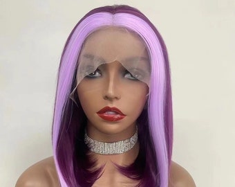 Short Bob Wig Highlight Purple/Dark Purple Color Synthetic Lace Front Wig Heat Resistant Straight Drag Queen Wig Cosplay Wig