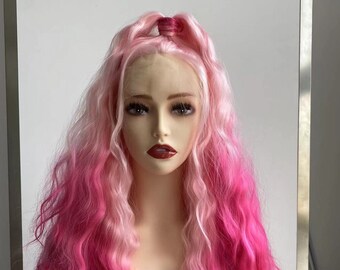 New Style Ombre Pink/Purple Color Synthetic Lace Front Wig Heat Resistant Long Body Wave Drag Queen Wig Cosplay Wig