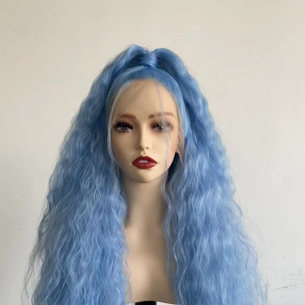 Azul claro, gris, rojo, #613 peluca con malla frontal sintética de Color rubio resistente al calor peluca larga ondulada Drag Queen peluca Cosplay