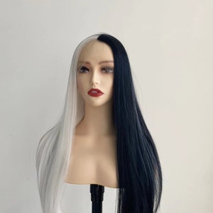 Half White Half Black Color Synthetic Lace Front Wig Heat Resistant Long Wavy Drag Queen Wig Cosplay Wig