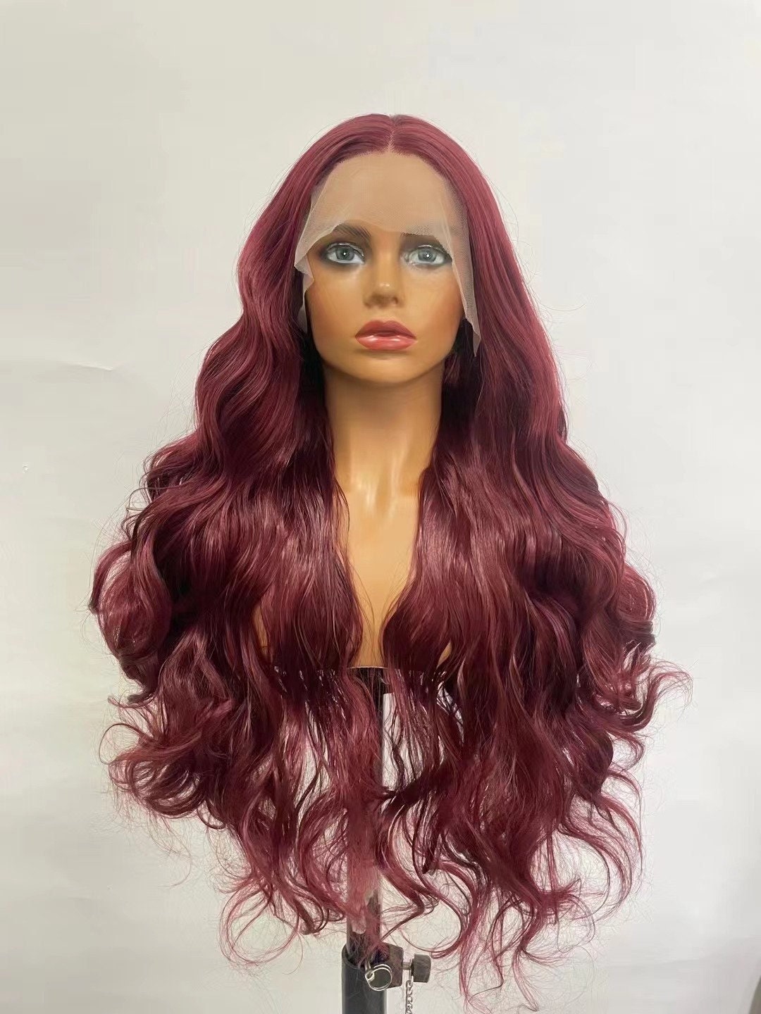 Wine Red Color Synthetic Lace Front Wig Heat Resistant Long Etsy