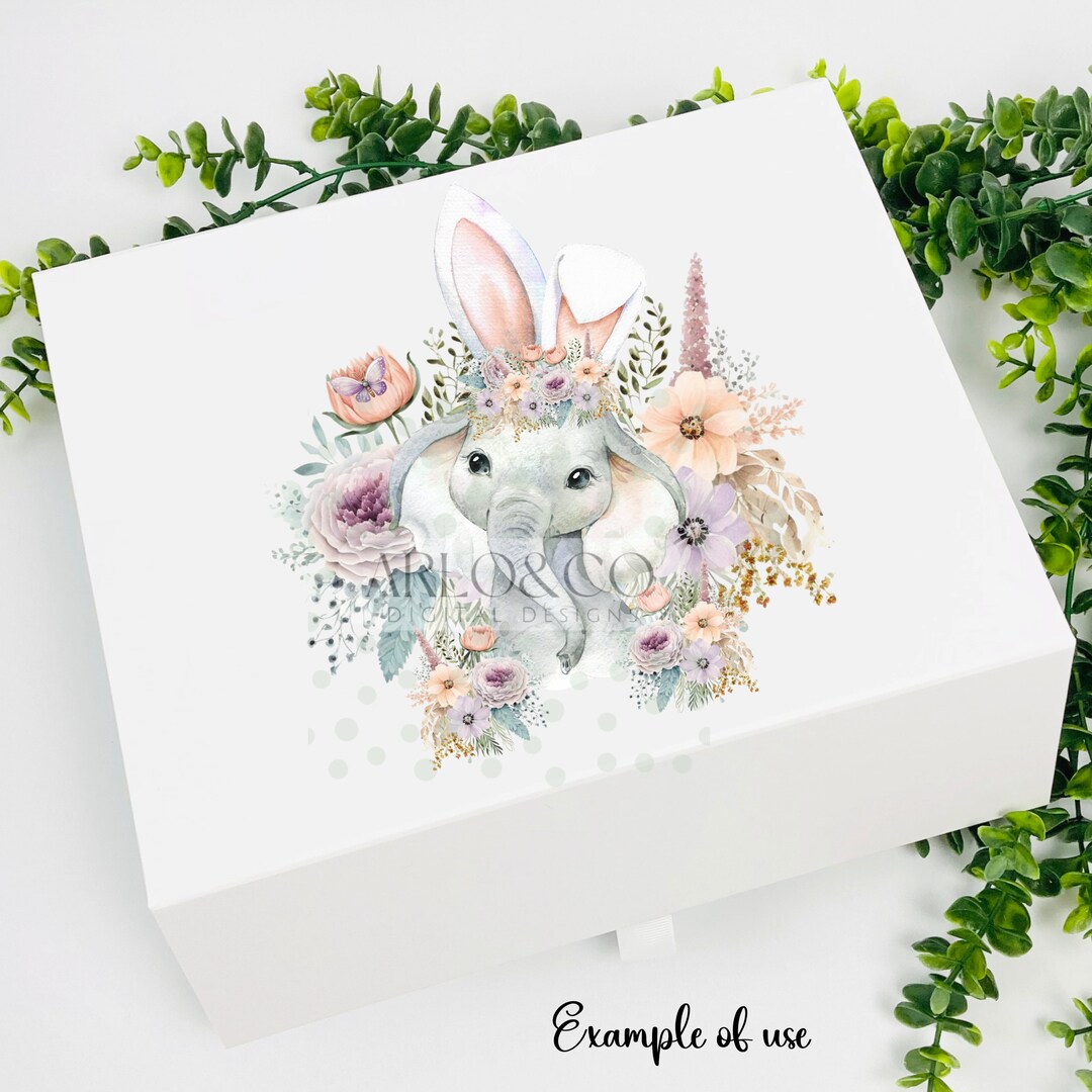 Cute Easter Bunny Elephant With Springs Flowers Watercolour Banner PNG ...