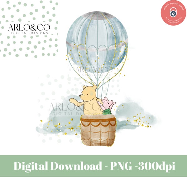 Classic vintage traditional inspired Winnie-the-pooh and piglet riding in a hot air balloon PNG sublimation design digital download clipart