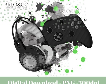 Black gamer video game controller and headset PNG sublimation design/gaming clipart/gaming/digital download/girl gamer/boy gamer/birthday