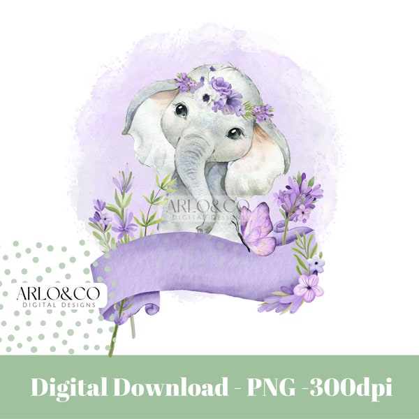 Cute baby elephant with Lavender floral banner PNG sublimation design/safari clipart/girls elephant printable digital instant download