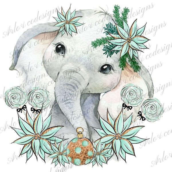 Mint green Christmas baby elephant sublimation design/Christmas Clipart/elephant Clipart/cute elephant Clipart/Christmas png/kids png design