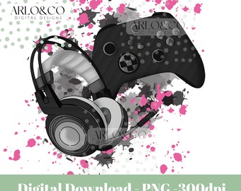 Black and pink gamer video game controller and headset PNG sublimation design/gaming clipart/digital download/girl gamer/boy gamer/birthday