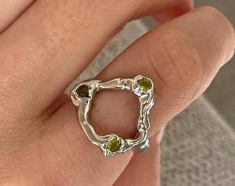 PRE ORDER 2 weeks Green multi stone ring, sterling silver molten ring, silver cz ring, irregular rings, stone ring,