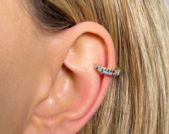 Rainbow ear cuff, gold cuff, adjustable ear cuff, dainty ear cuff earrings, CZ pave gold cuff, fake piercing