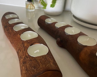 Long Wood Tea Light Candle Holder Handcrafted