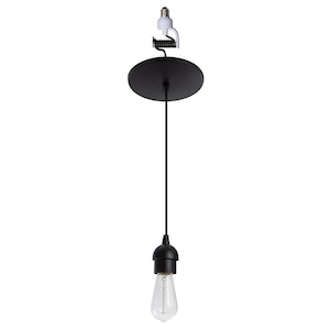 May include: A black pendant light fixture featuring a circular ceiling canopy, a long black cord, and a black socket holding a clear glass Edison-style light bulb. At the top, a white screw-in adapter is attached to a coiled black wire component.