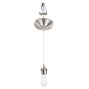 May include: A brushed nickel pendant light fixture featuring a circular ceiling canopy, a thin vertical cord, and a matching metal socket. The assembly includes a white screw-in adapter at the top and a clear glass Edison-style light bulb.