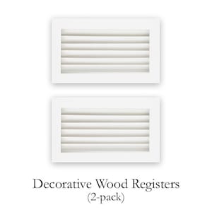 May include: A set of two rectangular white wooden registers featuring horizontal slats within a solid frame. The text Decorative Wood Registers (2-pack) is printed below the two items, which are arranged vertically against a plain background.