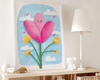 Quadro con tulipani rosa per la cameretta: dipinto di fiori, decorazione murale per la cameretta dei bambini, download digitale.