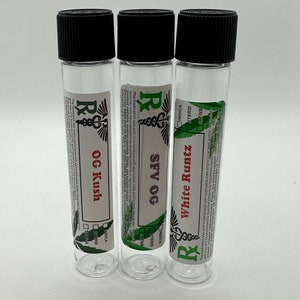 May include: Three clear glass jars with black lids and labels. The labels are green and white with the text "White Runtz", "SFV OG", and "OG Kush".