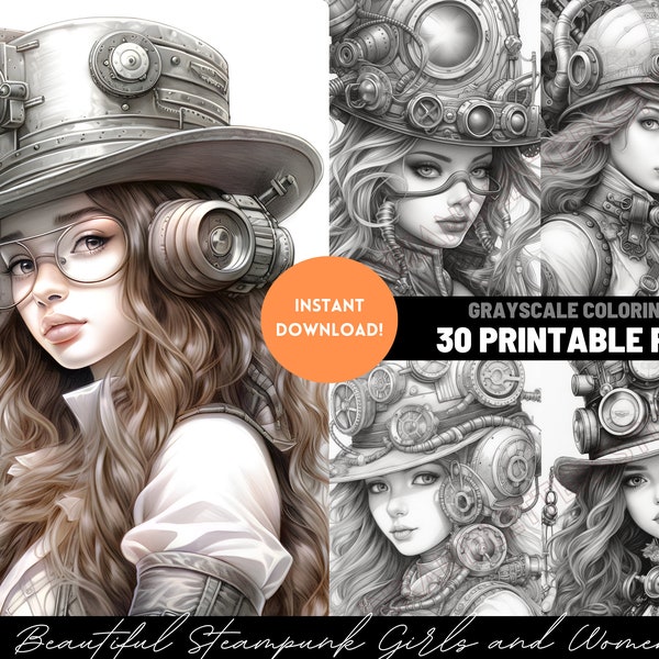 Beautiful Steampunk Girls Coloring Page Grayscale Adult Printable Coloring Page for Adult Beginner coloring pages Adult coloring printable