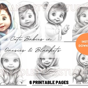 Cute Babies in Blankets Hoodies Coloring Page Grayscale Adult Printable Coloring Page for Adult coloring book pages