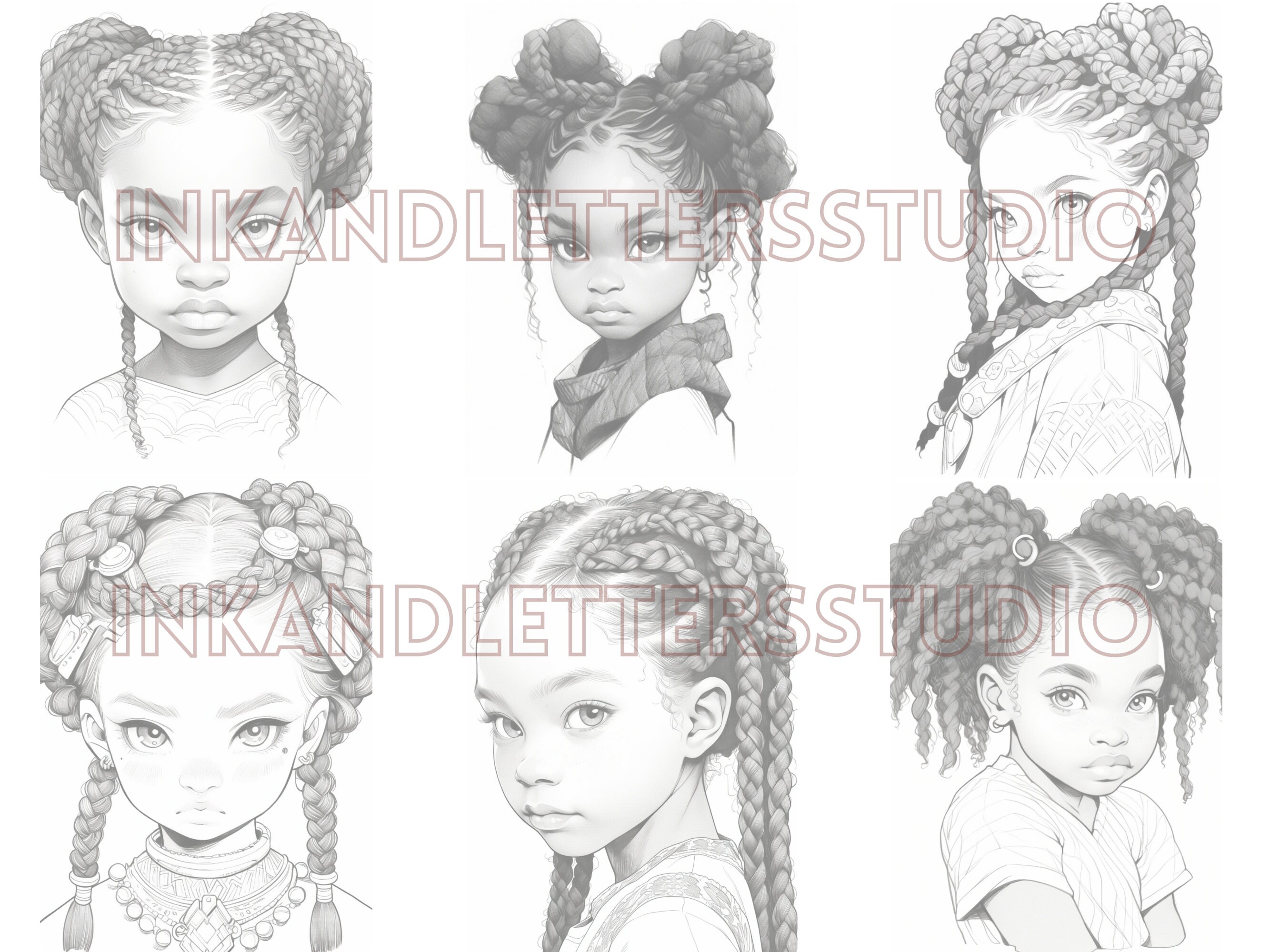 Cute Toddlers With Braids Coloring Page Grayscale Adult Printable