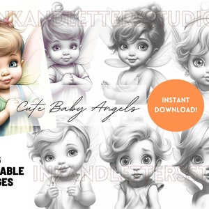 Cute Baby Angels Toddlers Coloring Page Grayscale Adult Printable Coloring Page for Adult coloring book pages
