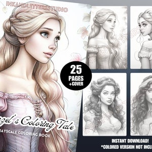 Rapunzel&#39;s Coloring Tale Coloring Page Grayscale Adult Printable Coloring Page for Adult Beginner Coloring Adult coloring print from home