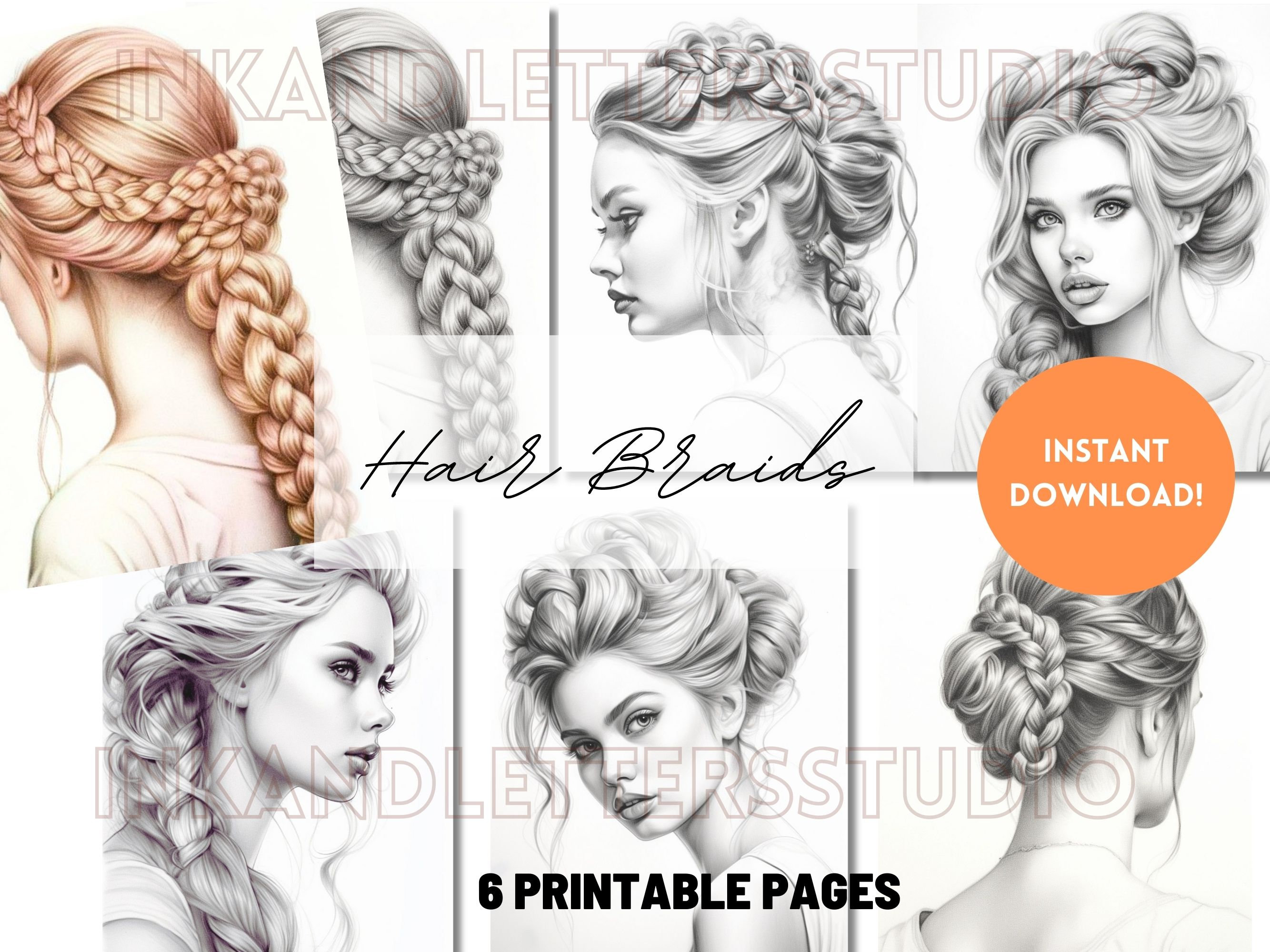 Beautiful Hair Braids Coloring Page Grayscale Adult Printable Coloring ...