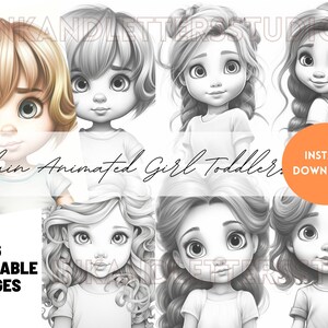 Cute Plain Animated Girl Toddlers Coloring Page Grayscale Adult Printable Coloring Page for Adult coloring book pages
