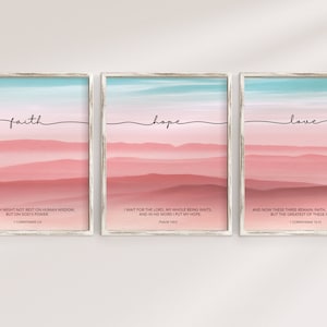Fe, Esperanza, Amor Conjunto de 3 Arte de pared de la Biblia, Decoración del hogar de las Escrituras minimalistas modernas, Arte de pared de versículos bíblicos, Descarga digital imprimible
