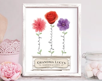 Personalized Gifts for Grandma, Mothers Day Gift, Grandmother Nanny Mom, Grandkids Names Garden of Love Flowers, Printable Digital Download