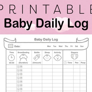 Puede incluir: Registro diario imprimible para bebés con un icono de calendario, fecha, hora, lactancia materna, biberón, sueño, actividad, pañales, pipí y caca. El registro está diseñado para realizar un seguimiento de la rutina diaria de un bebé.