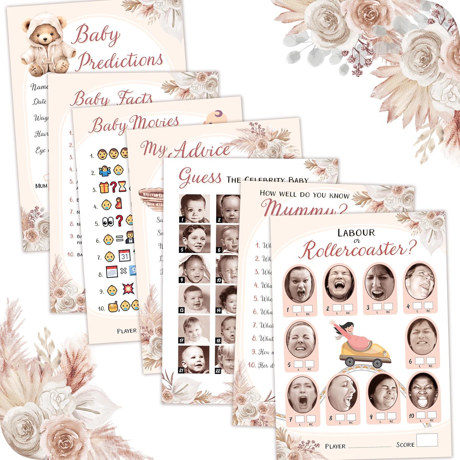 Baby Shower Games (7 Fun Games) Baby Predictions, Guess the Celebrity, Labour or Rollercoaster, Emoji Game, Gender Neutral Teddy Bear Styles
