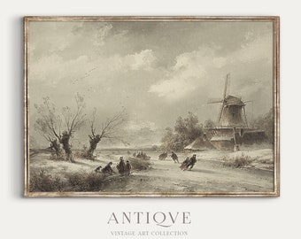 Pintura de patinaje sobre hielo vintage / Arte de pared de paisaje nevado / Descarga imprimible / 003