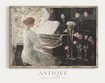 Chica tocando el piano / Pintura al óleo vintage / Arte floral / Decoración vintage elegante / Descarga digital imprimible / 815