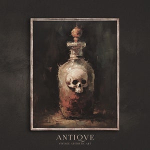 May include: A vintage painting of a glass bottle with a skull inside. The bottle has a stopper with a round knob on top. The painting is framed in a dark wood frame.