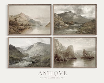 May include: Set of four vintage landscape paintings depicting mountains, rivers, and lakes. The paintings are in a muted colour palette of browns, greens, and blues.